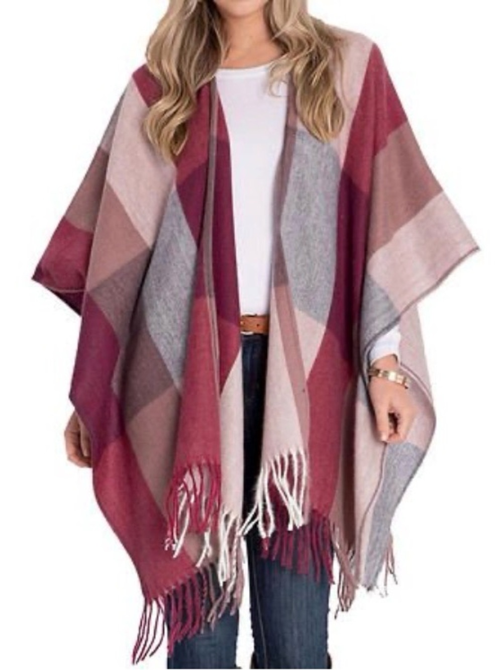 Burgundy Multi-Color Plaid Shawl Poncho